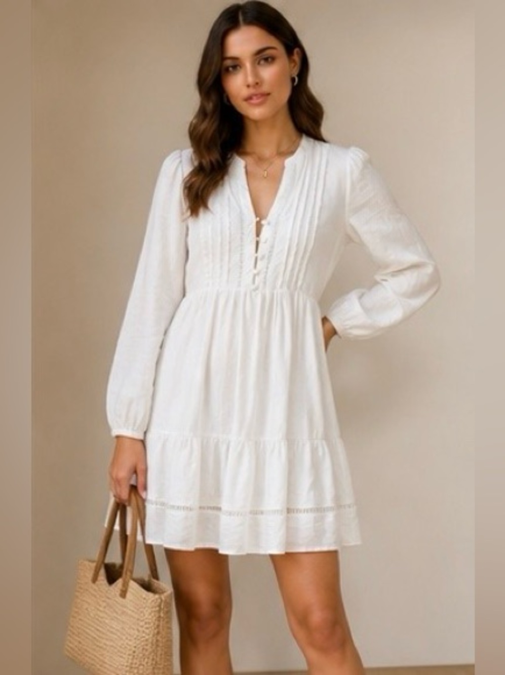 Ever New White Pintuck Tiered Mini Dress